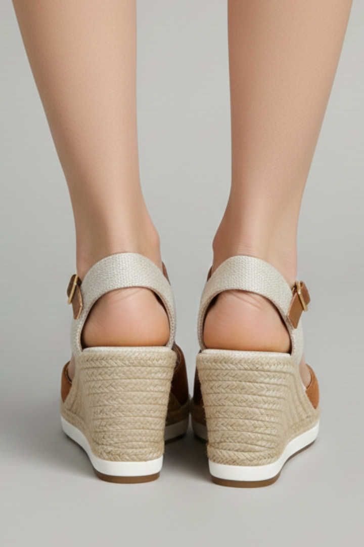 Fashionable women's closed-toe espadrille platform sandals with adjustable heel strap for summer outings.