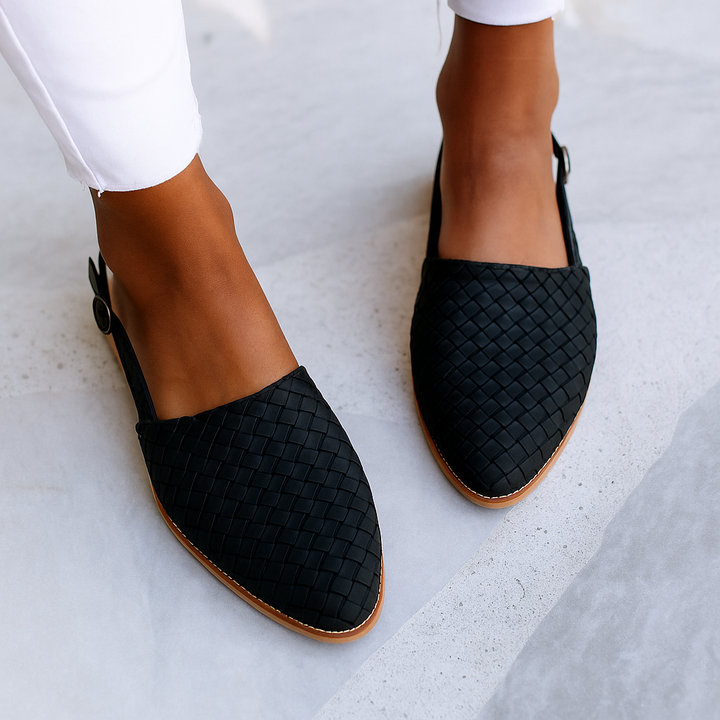 Smart casual women's closed toe flat mules, comfortable slip-on shoes for office, work, or leisure.