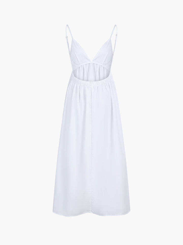 Summer beach vacation women's maxi dress, sleeveless, open back, v-neck. Casual & flowy.