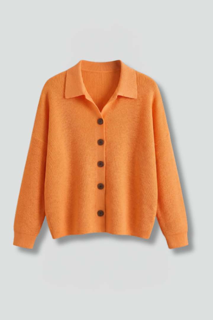 Women's collared button-front cardigan, a versatile long-sleeve knit top for stylish everyday wear.