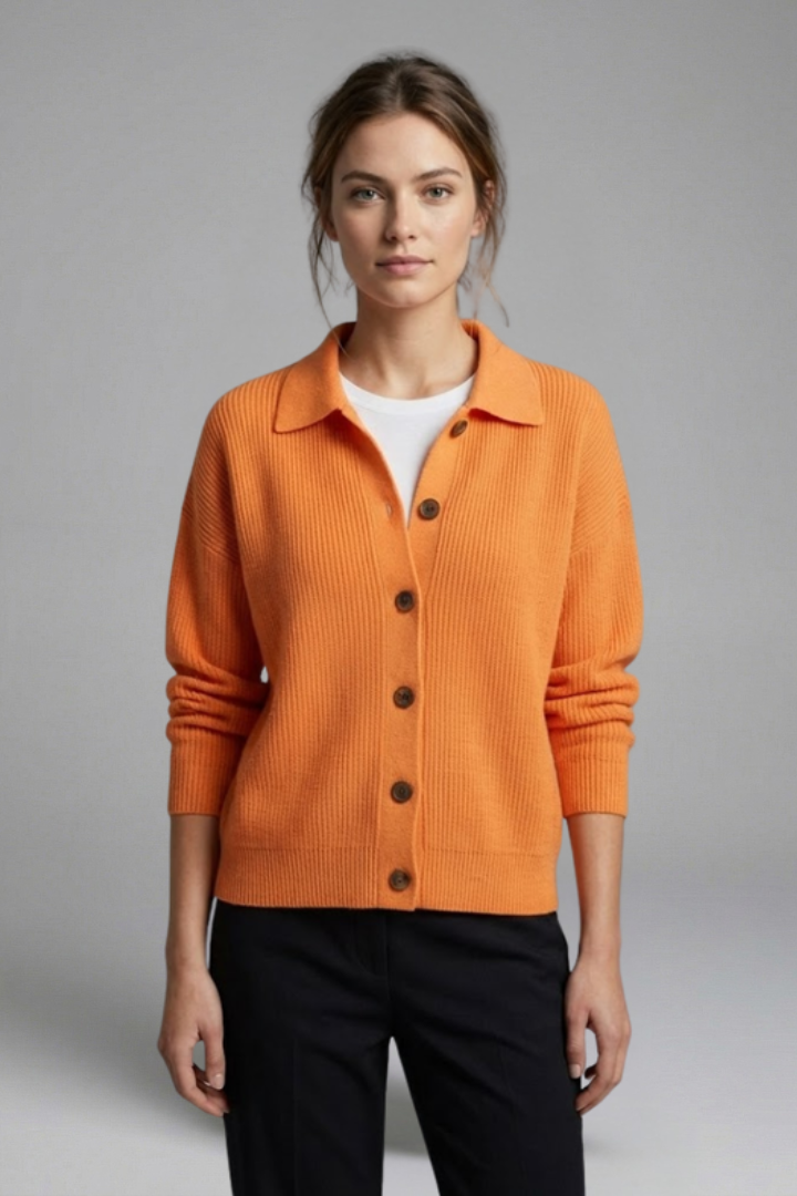 Autumn-ready women's collared knit cardigan with button front. Stylish long-sleeve layering piece.