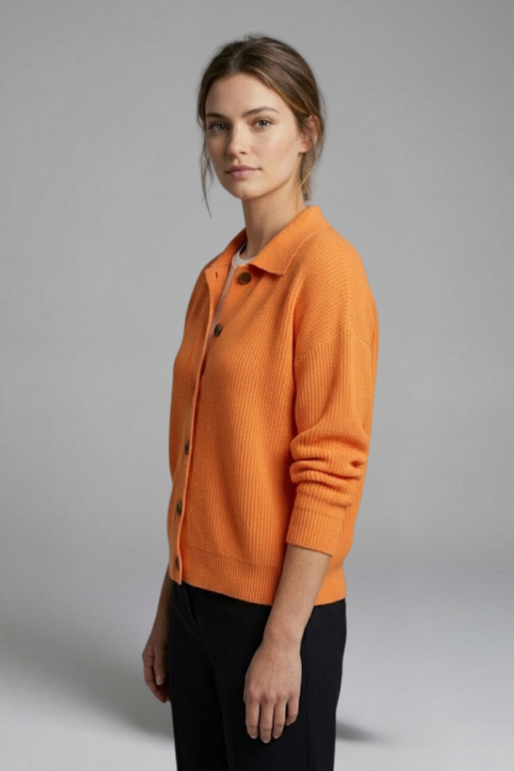 Soft knit women's collared cardigan, a comfortable button-front top for casual everyday fashion.