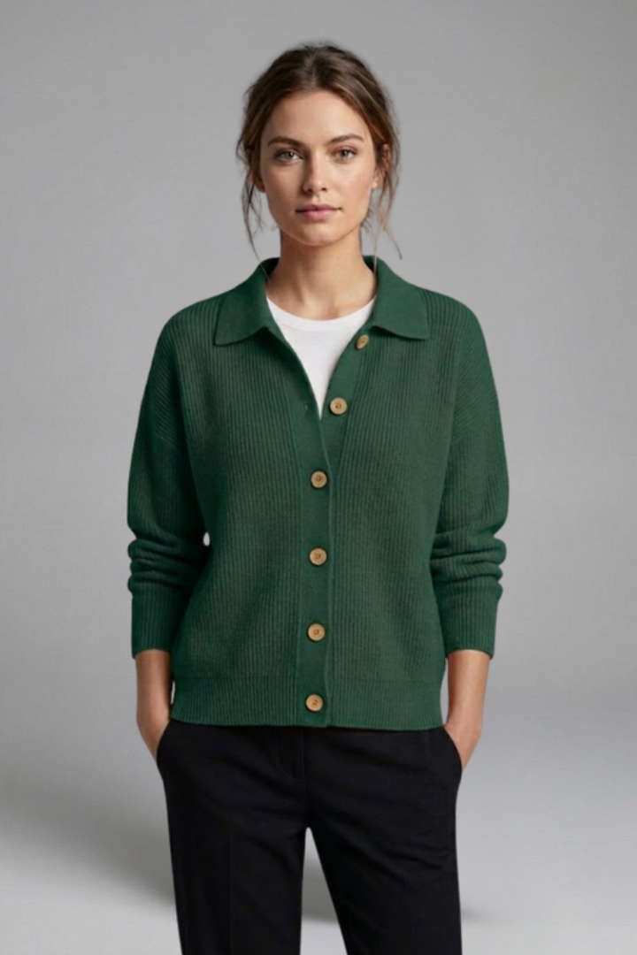 Elegant collared button-front women's cardigan. Soft knit, long sleeves, great for everyday autumn fashion.