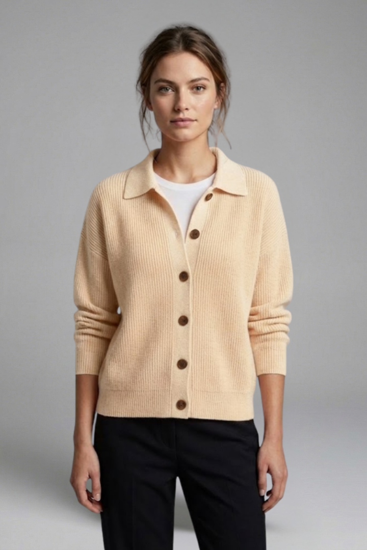 Everyday fashion women's collared cardigan. Button front, long sleeve knitwear, perfect versatile layering piece.