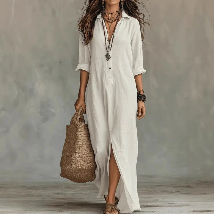 Women's collared button-front maxi dress with a stylish split hem for a casual summer look.
