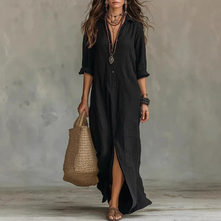 Elegant casual maxi dress for women, featuring a collar, button front, and split hem, perfect for day or evening.