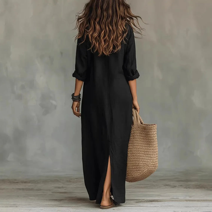 Comfortable women's maxi dress with a collared neck, full button front, and split hem, ideal for versatile summer styling.