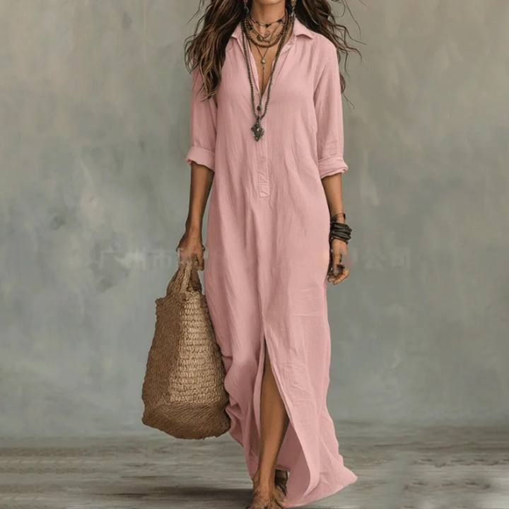 Relaxed fit women's maxi dress with a chic collar, functional buttons, and a fashionable split hem, great for beach or casual wear.