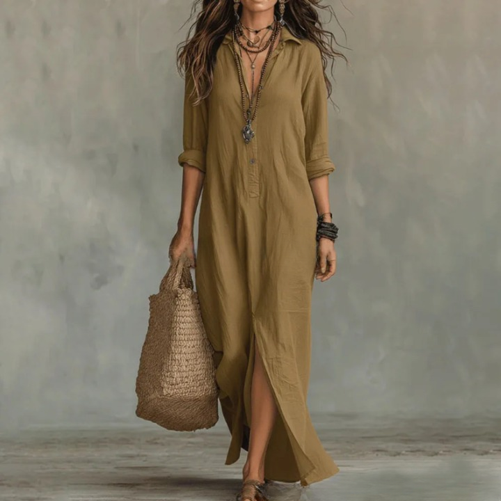 Summer style women's collared maxi dress with button front and split hem, a comfortable and elegant choice for beachwear.