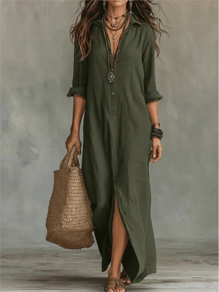 Casual women's collared maxi dress featuring a button-up front and a stylish split hem, perfect for everyday wear.