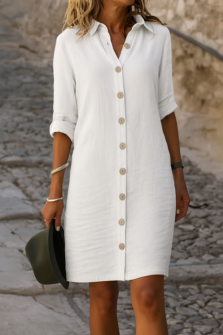 Versatile women's day dress, button-front, with elegant collared design.