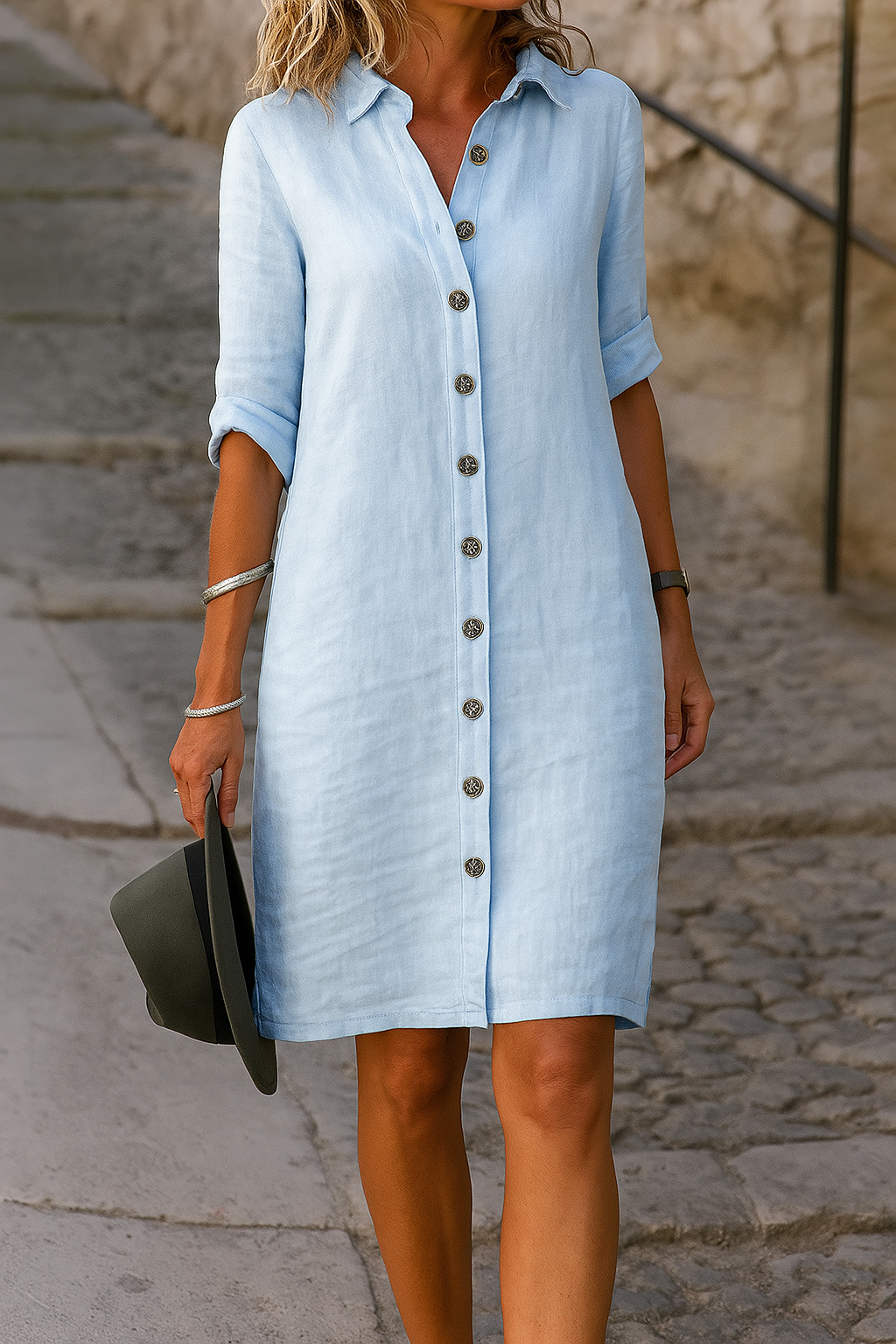 Lightweight women's spring shirt dress, roll-tab sleeves, ideal for casual outings.