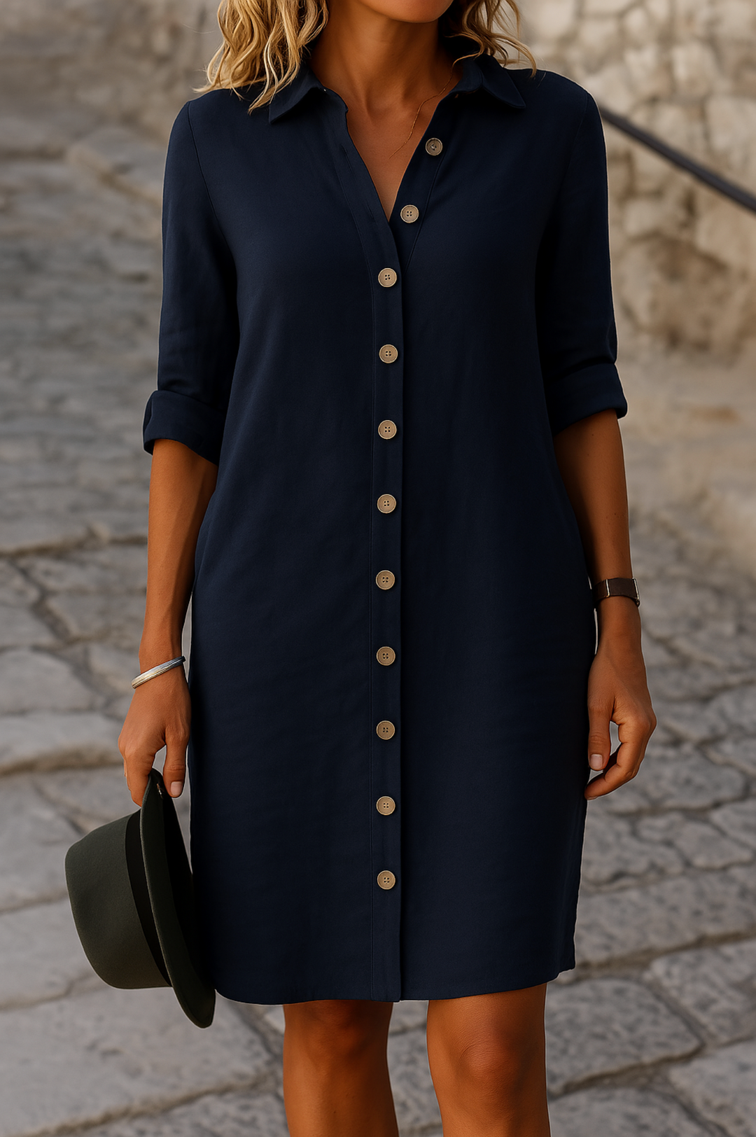 Everyday women's shirt dress, perfect for spring/summer, featuring a button front.