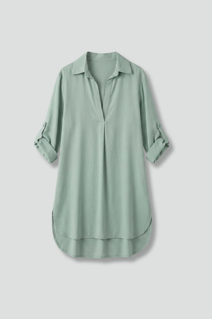 Women's collared v-neck tunic dress with long sleeves, perfect for a comfortable and stylish casual look.