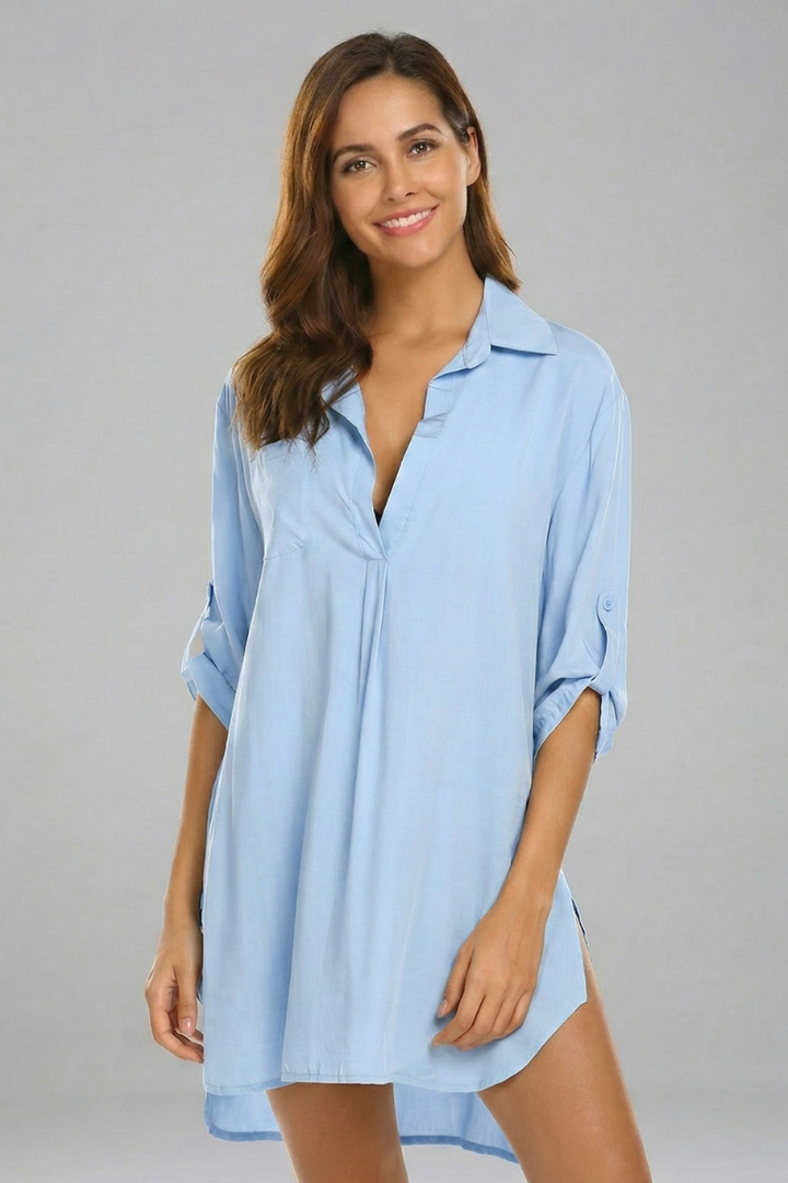 Effortless style: Women's comfortable long sleeve tunic dress with a collar and v-neck, ideal for casual wear.