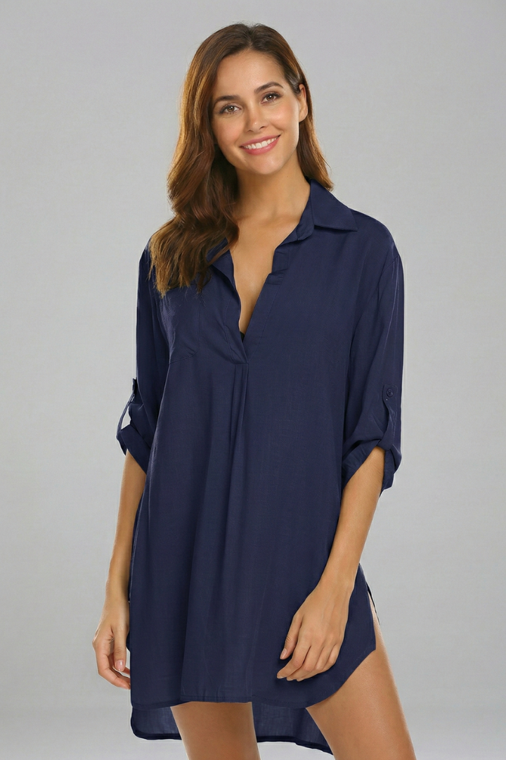 Women's soft, flowing long sleeve tunic dress, featuring a classic collar and v-neck for casual elegance.