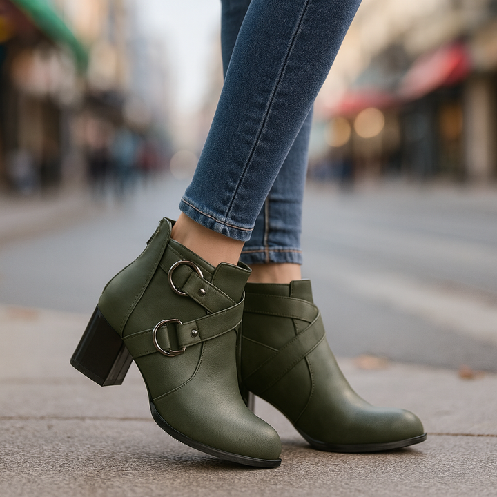 Stylish women's ankle boots with decorative buckle, perfect for fall fashion