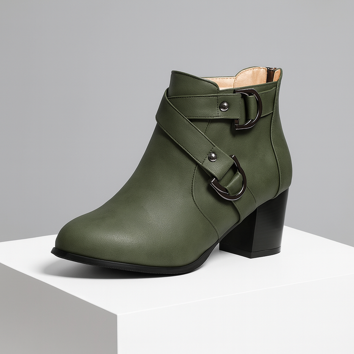 Brown leather women's comfort ankle booties with adjustable buckle, fall fashion essential
