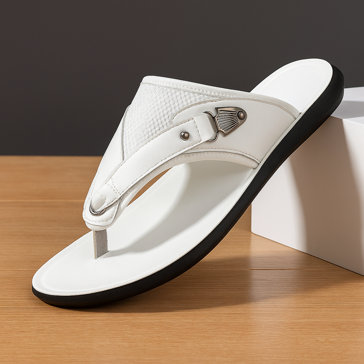 Close-up of women's comfort buckle sandals showing adjustable strap and breathable mesh material.