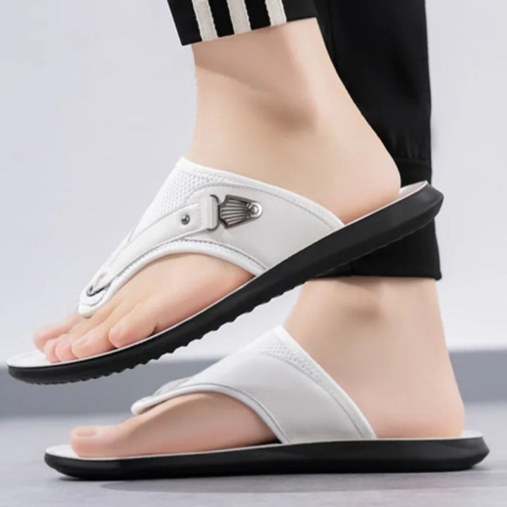 Women's comfort buckle sandals displayed on a summer background, emphasizing their casual, breathable style.