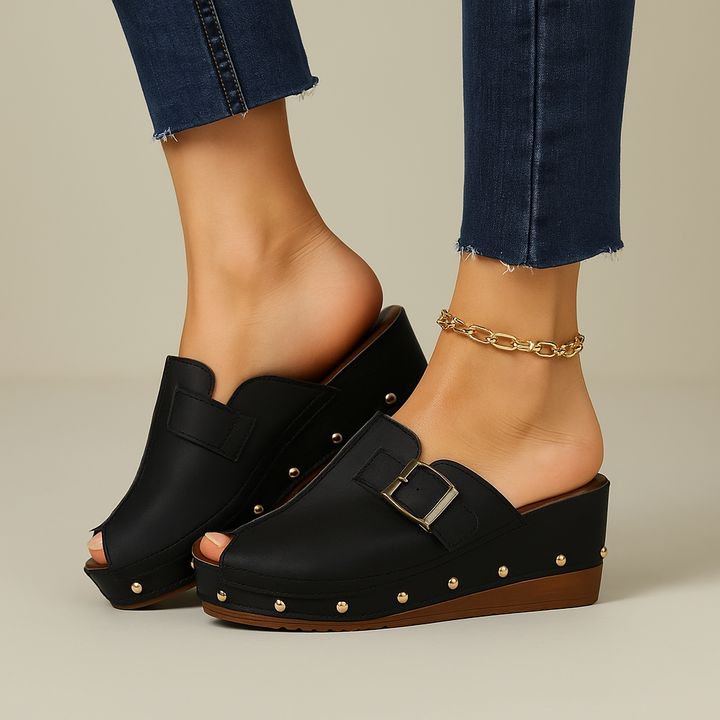 Women's Comfort Buckle Slide Sandals, brown leather, front view, platform wedge