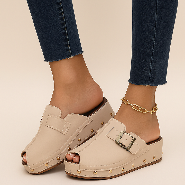 Women's Comfort Buckle Slide Sandals, black, side view, studded for casual wear
