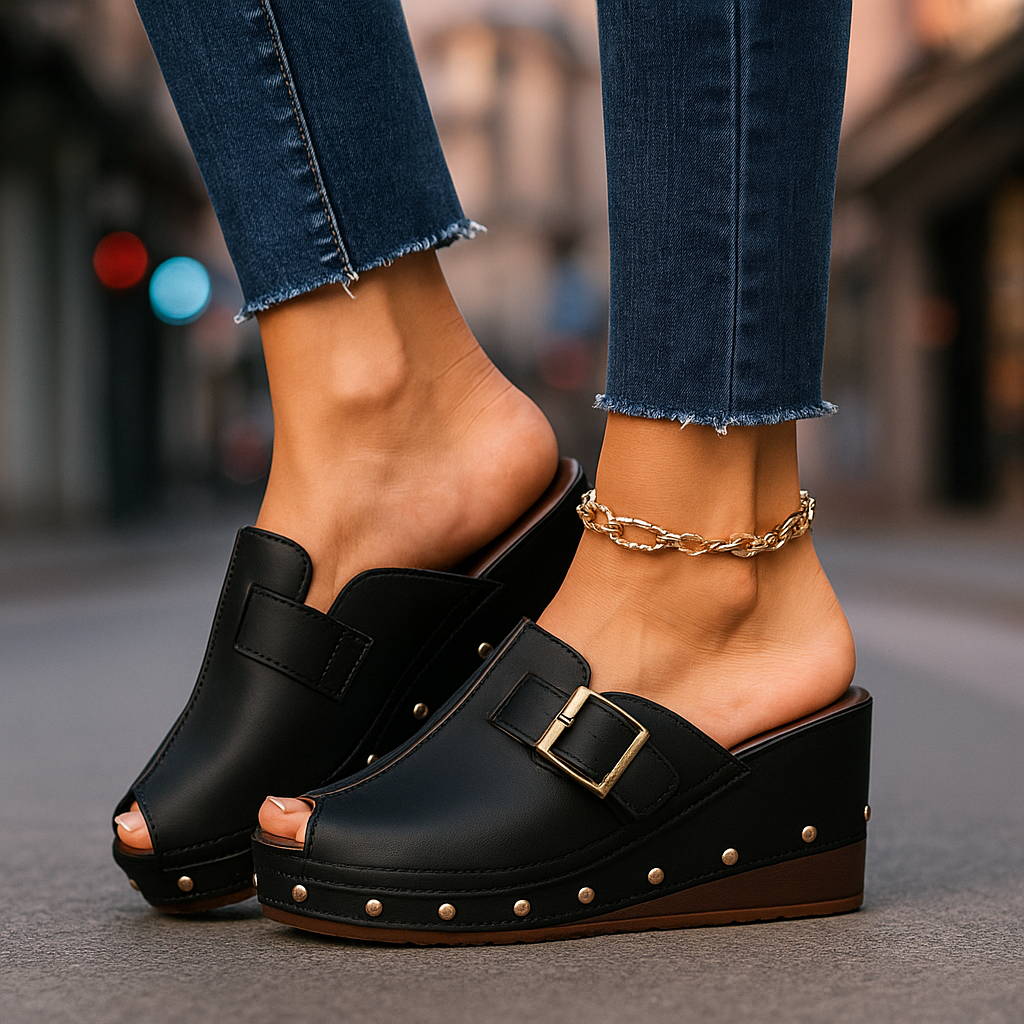 Close-up of the buckle detail on Women's Comfort Buckle Slide Sandals, gold hardware