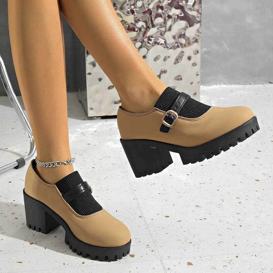 Women's orthopedic platform heels featuring an adjustable strap, crafted from high-quality khaki leather