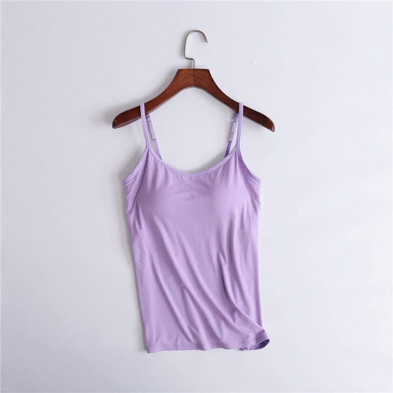 Model showcasing the stretchy fit of a women's comfort tank top with built-in bra