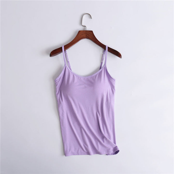 Model showcasing the stretchy fit of a women's comfort tank top with built-in bra