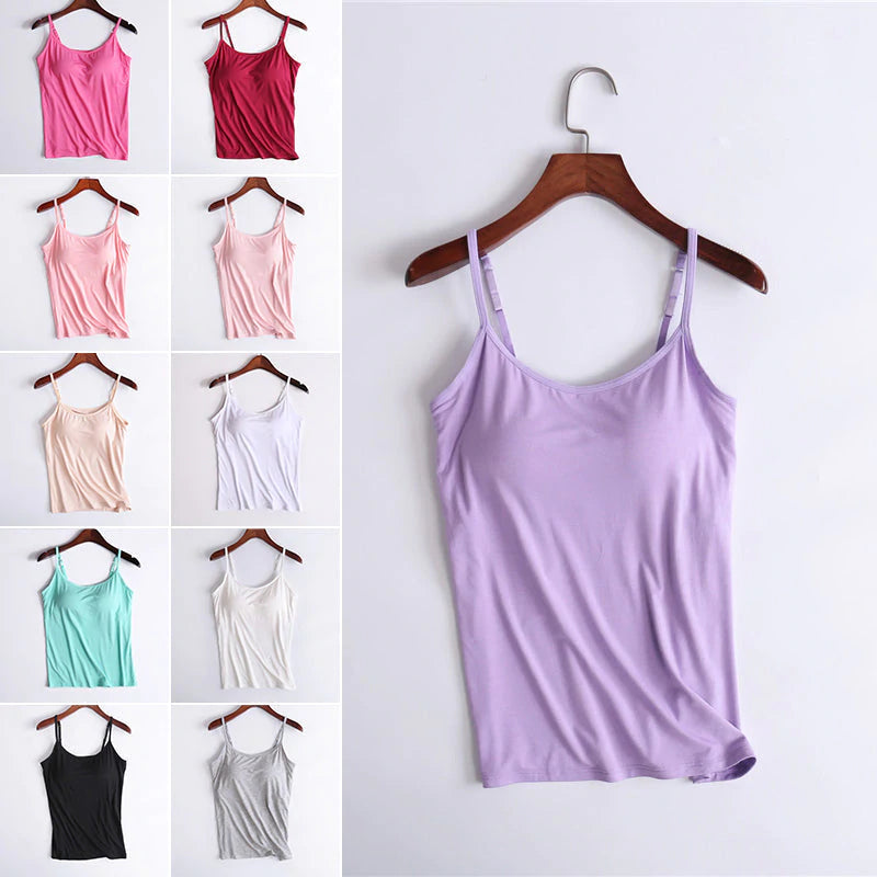 White comfort tank top for women, built-in bra, adjustable straps, ideal casual layering piece