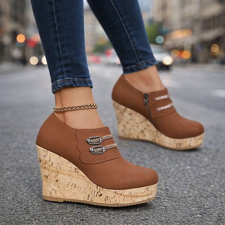 Women's Comfort Wedge Sandals with cork sole, matte finish & crystal embellishments, perfect for summer dress.