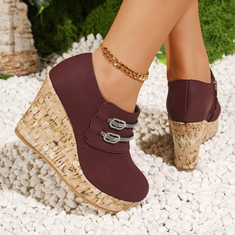 Summer women's dress sandals: comfort wedge with a cork sole, matte finish and chic crystal elements.