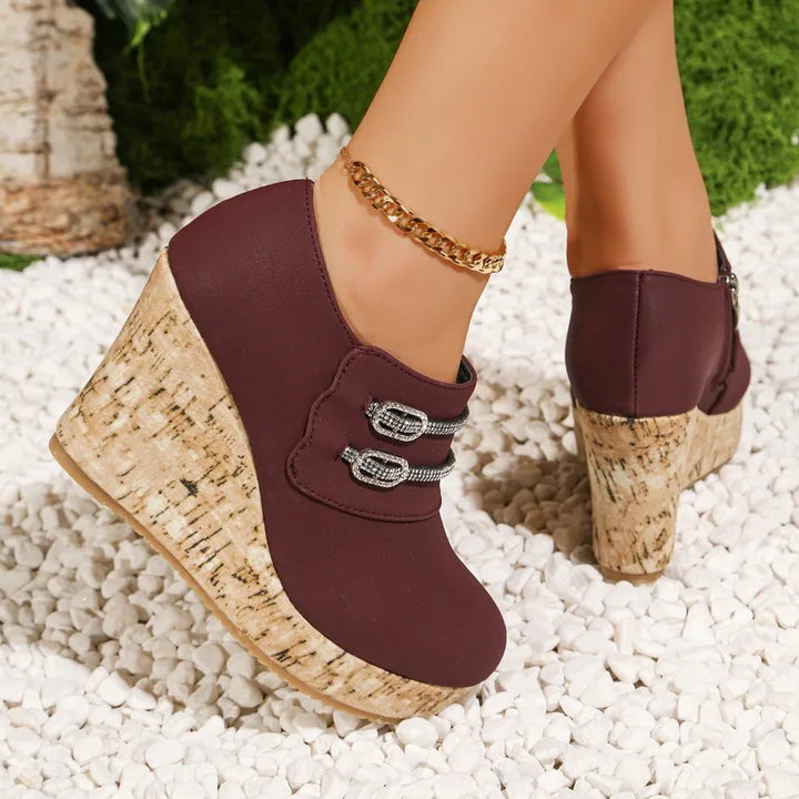 Summer women's dress sandals: comfort wedge with a cork sole, matte finish and chic crystal elements.