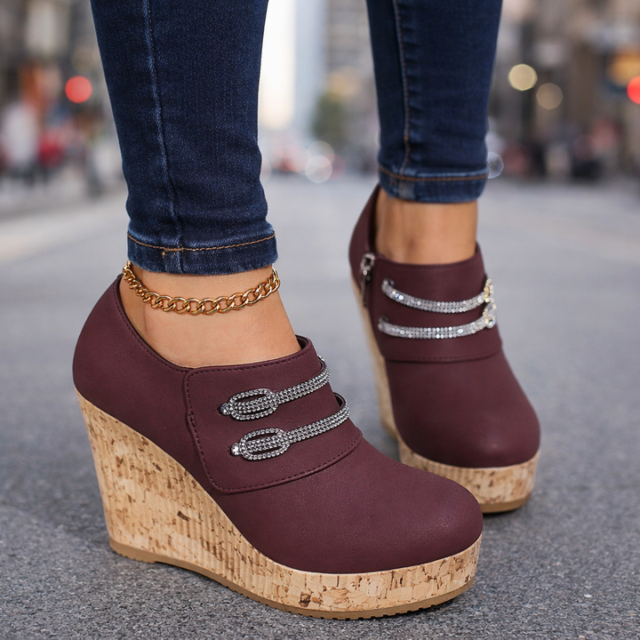 Orthopedic women's wedge sandals, featuring a comfortable cork sole and sparkly crystals, ideal for evening wear.