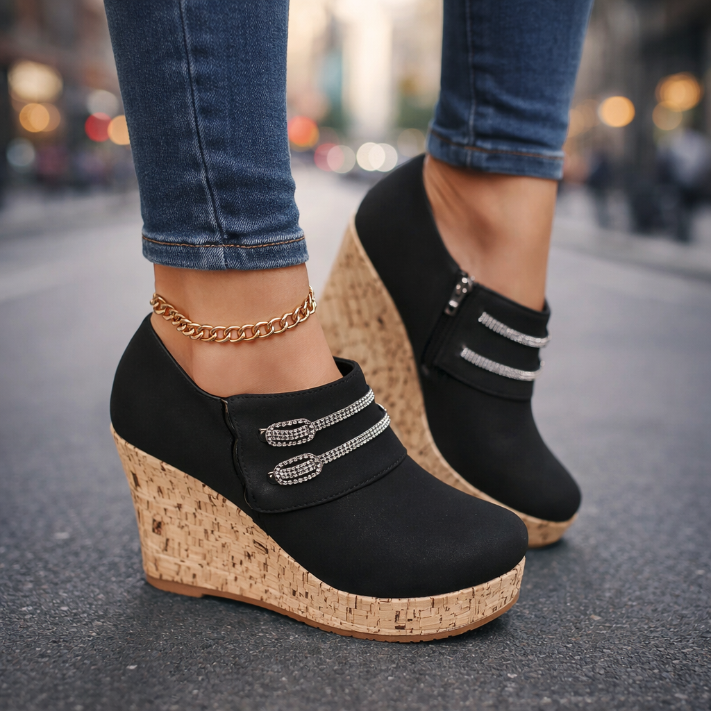 Elegant women's summer sandals with a matte finish wedge heel, comfort footwear for dressy occasions.