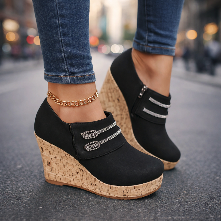 Elegant women's summer sandals with a matte finish wedge heel, comfort footwear for dressy occasions.