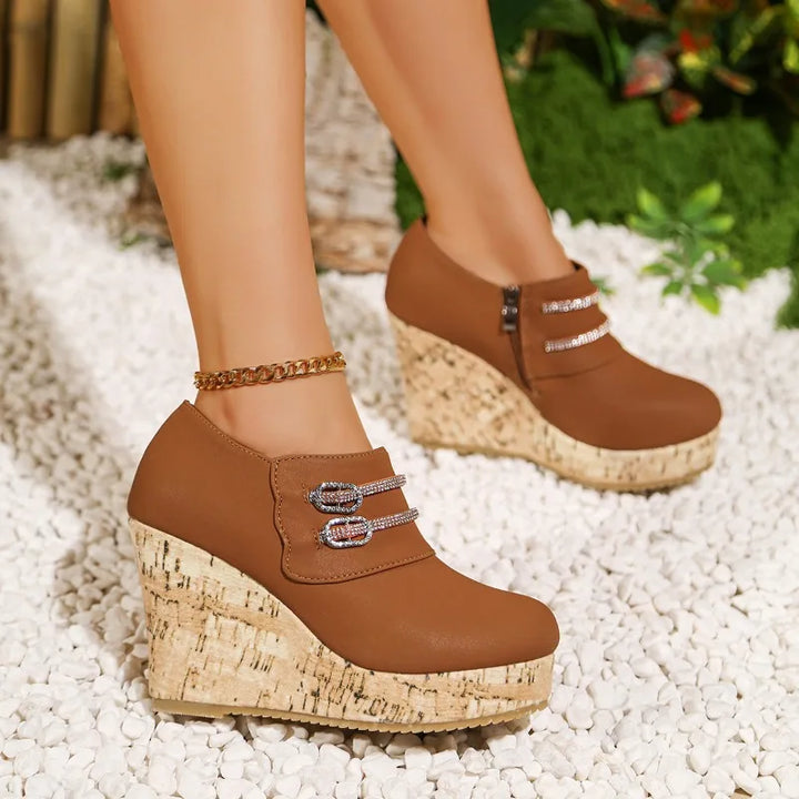 Crystal-adorned women's wedge sandals with an orthopedic design and comfortable cork sole for summer.