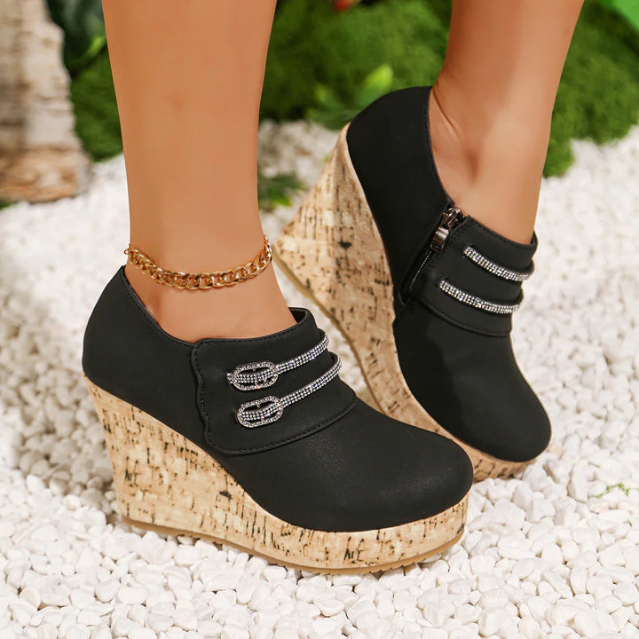 Comfortable women's evening shoes: wedge sandals with crystal details and a natural cork sole.