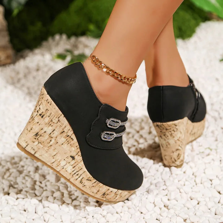 Orthopedic women's sandals, comfortable cork sole wedge with matte finish and sparkling crystal accents.