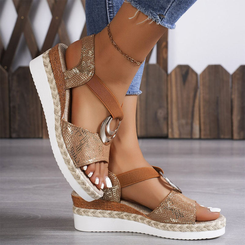 Comfortable women's slip-on wedge sandals with open-toe, strappy design & platform. Great for all-day wear.