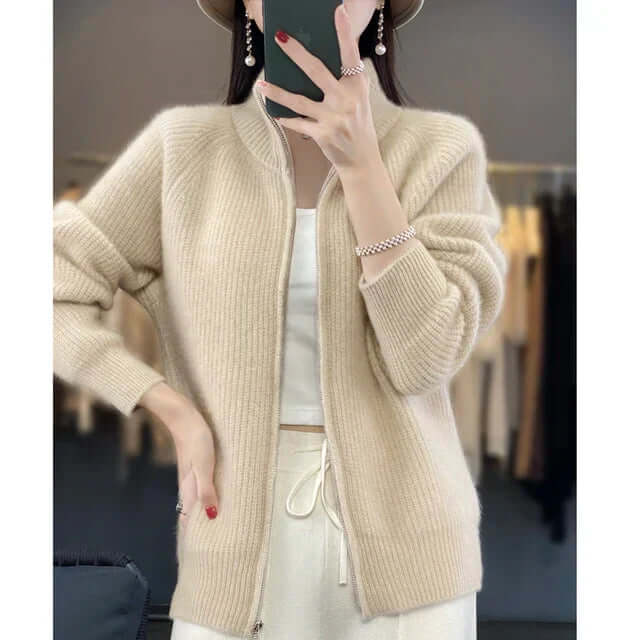 Everyday women's comfortable knit sweater with a practical zip-front design.