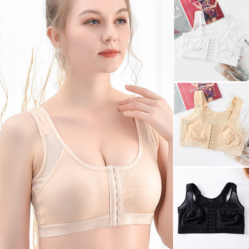 Lace trim detail on a women's front-hook support and comfort bra