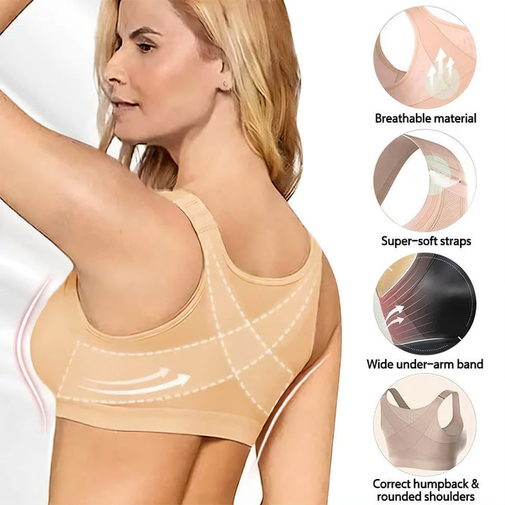 Breathable everyday support bra for women, front closure, adjustable straps