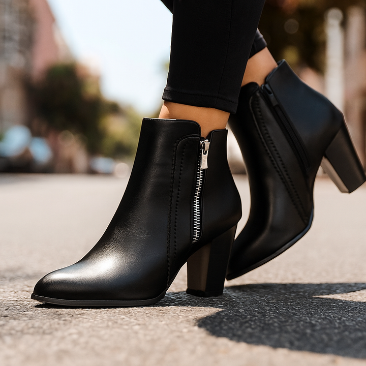 Orthopedic women's ankle boots, tan, featuring a scalloped design and convenient side zip for daily wear.