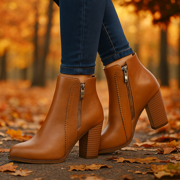 Stylish women's ankle boots in a rich brown, with scalloped edge design and side zip, versatile for outfits.