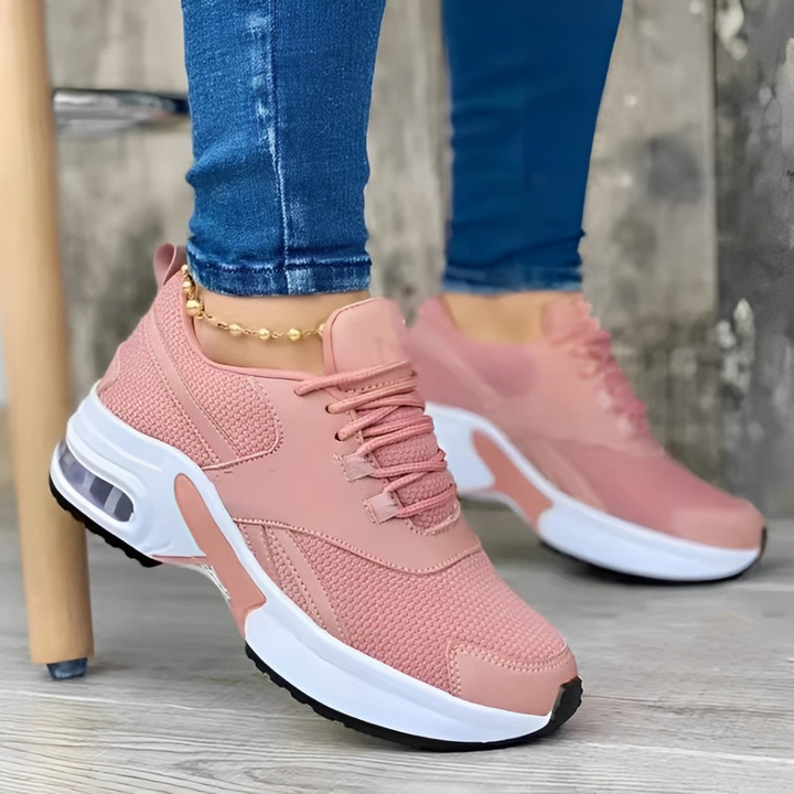 Supportive women's platform walking shoes, comfortable athletic sneakers with a trendy chunky sole.