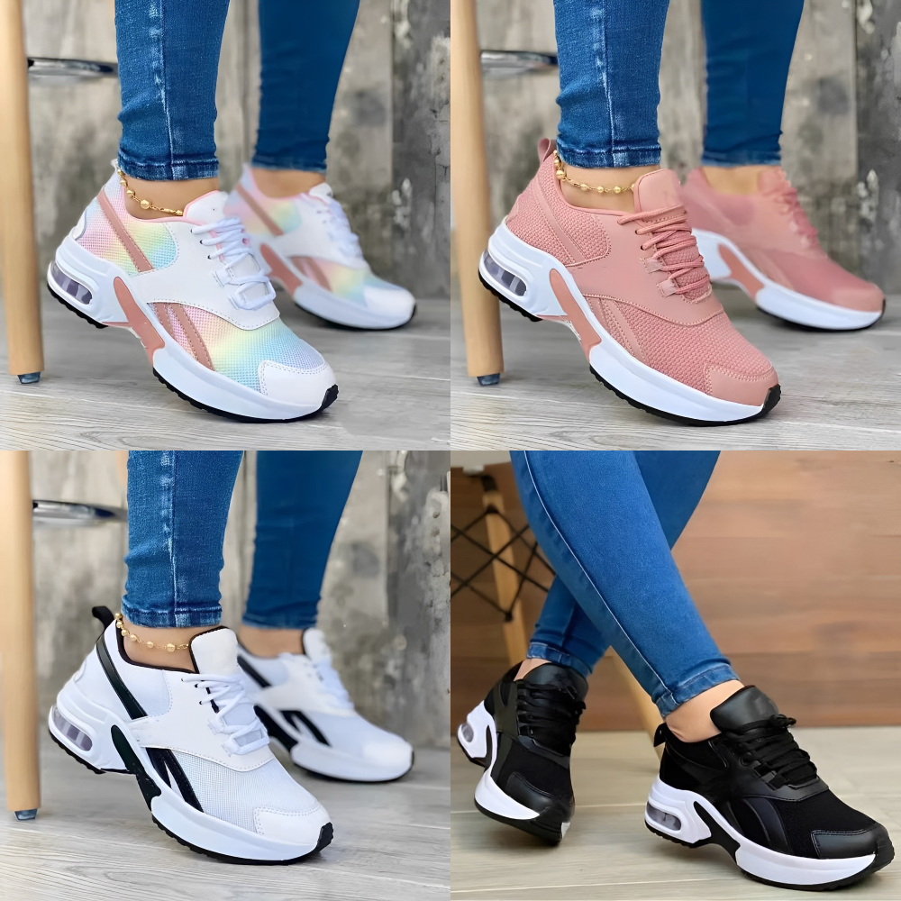 Modern women's comfortable platform athletic sneakers, lace-up design with a stylish chunky sole.