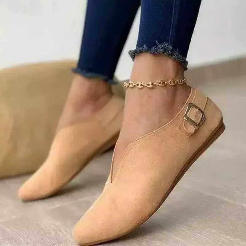 Top-down view of women's versatile buckle loafers, highlighting the easy slip-on style