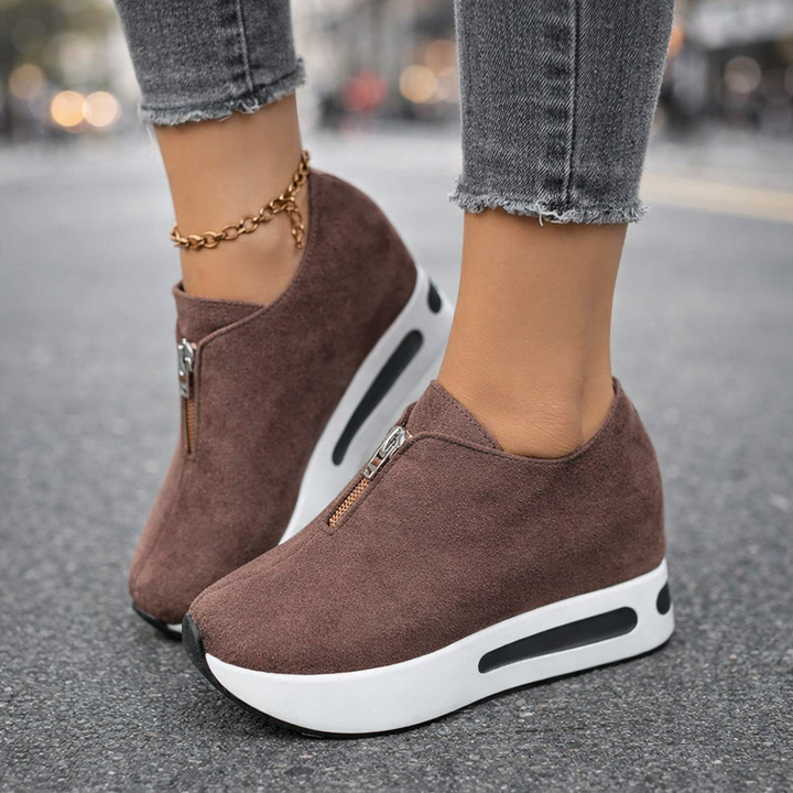Women's comfortable black platform shoes with front zip, suede look, for all-day wear